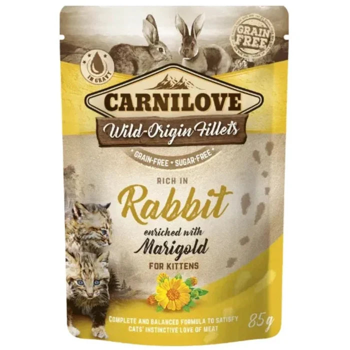 Carnilove 85g kitten food pouch, rabbit fillets with marigold in gravy, front of the sachet