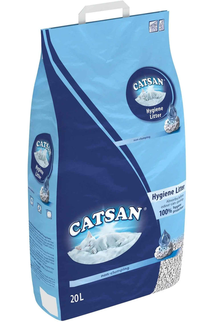 Catsan Hygiene Plus non-clumping cat litter, 20 litre sack of white mineral granules