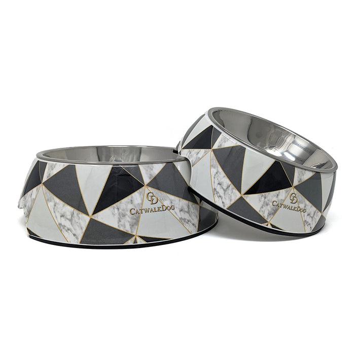 CatwalkDog Geo-Deco two-part dog bowl in medium, with a patterned outer and a lift-out metal inner
