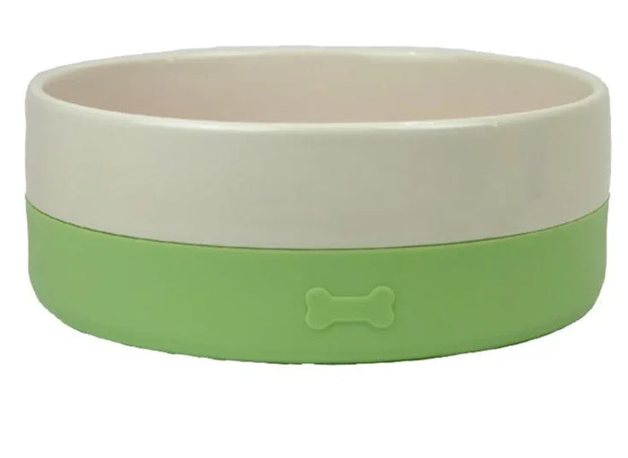 Ancol glazed ceramic pet bowl with a removable non-slip silicone base ring, shown from above and in side view