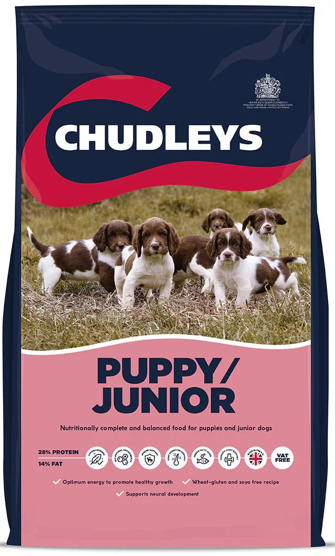 Front of the Chudleys Puppy and Junior 12kg bag, chicken and duck puppy food