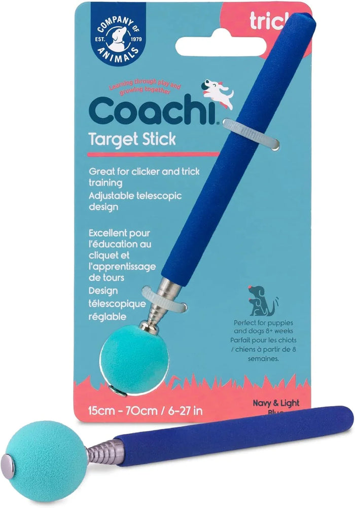 Coachi telescopic target stick with a soft foam ball on the tip and a padded handle, navy and light blue