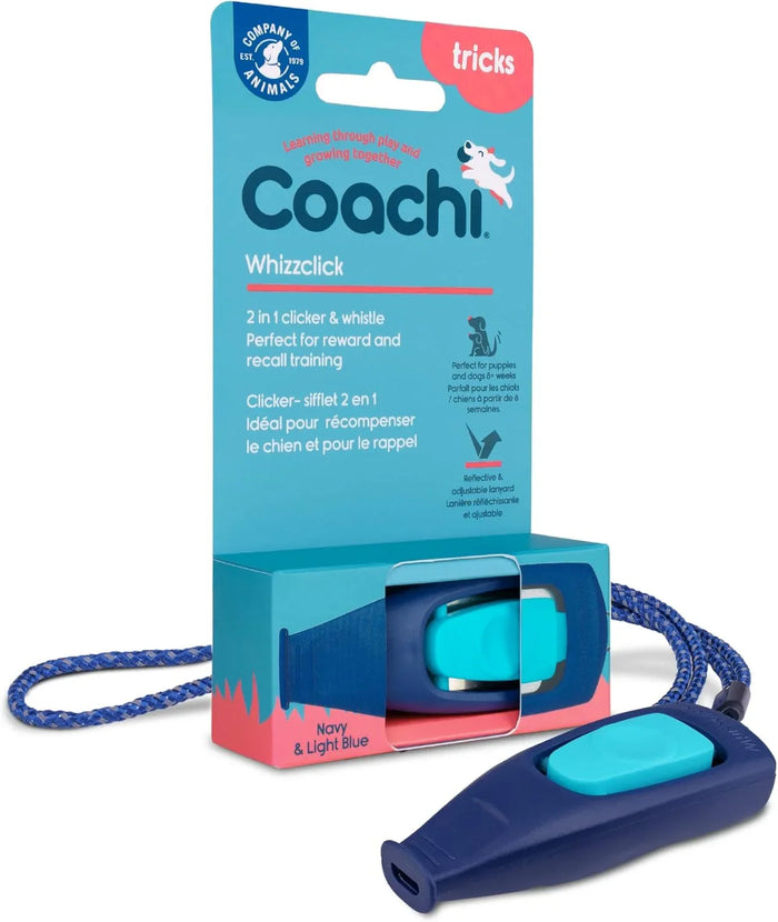 Coachi Whizzclick combined dog clicker and whistle, light blue body with a navy press button, on a corded lanyard