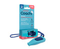 Coachi Whizzclick two-in-one dog clicker and whistle shown with its adjustable corded lanyard