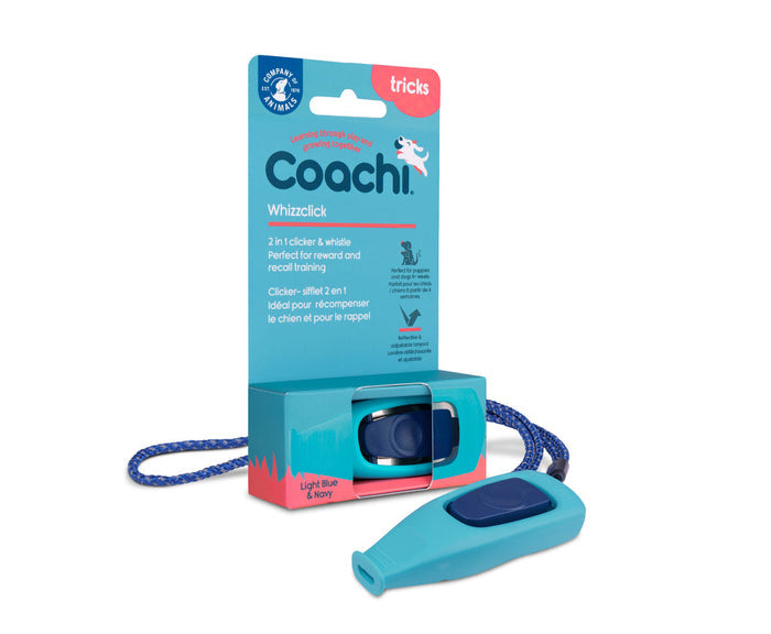 Coachi Whizzclick two-in-one dog clicker and whistle shown with its adjustable corded lanyard
