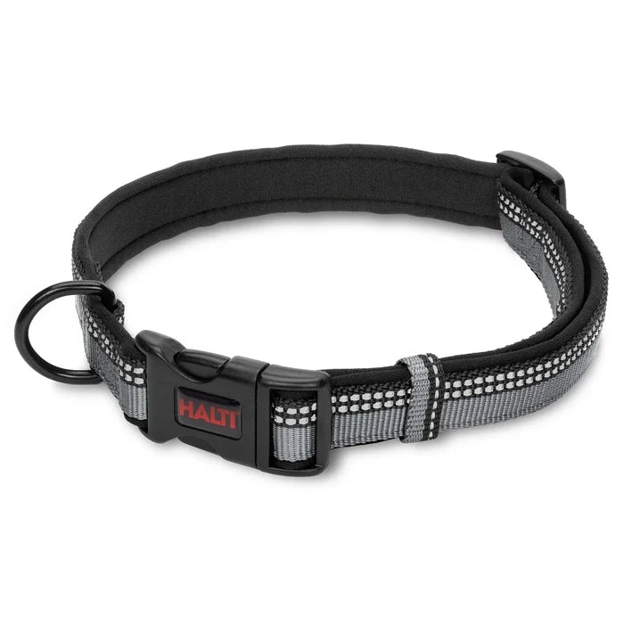 Halti Comfort Collar in black, neoprene-padded webbing with reflective stitching and a quick-release clip