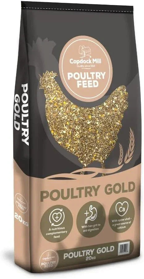 Copdock Mill Poultry Gold 20kg bag, front of pack showing the coarse mixed poultry feed