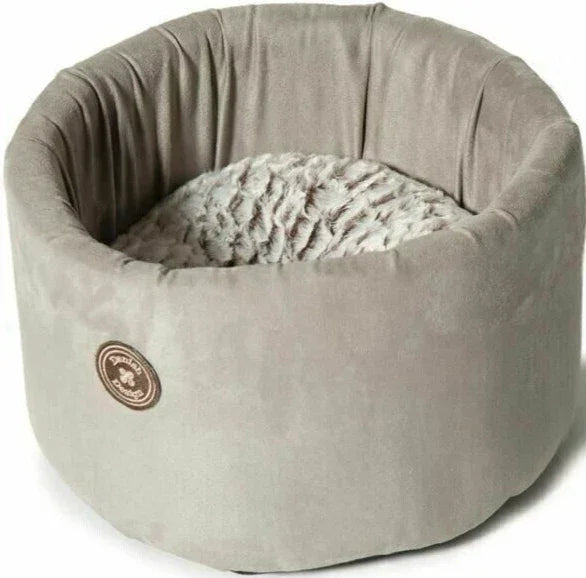 Danish Design Arctic Cat Cosy, a high-sided grey faux suede and faux fur cat bed