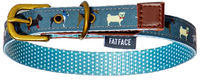 Danish Design FatFace Marching Dogs dog collar with a repeating dog print and metal buckle