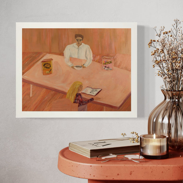 The artwork 'Dear Diary' by Ali Ha depicts a serene domestic scene in warm peachy tones, showing a table with a figure seated at it and vintage-style product boxes. The oil painting on canvas captures a moment of contemplation in soft, muted coral and blush hues, featuring gentle brushstrokes and subtle textures that create an intimate atmosphere. By Ali Ha.