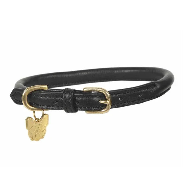 Digby & Fox rolled leather dog collar in black, round stitched leather with brass buckle and D-ring