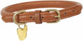 Digby & Fox rolled tan leather dog collar shown open, round stitched cord with brass buckle