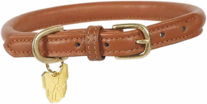 Digby & Fox rolled tan leather dog collar shown open, round stitched cord with brass buckle