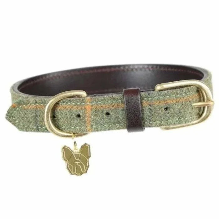 Digby & Fox tweed dog collar in a woven check, brass buckle and D-ring, leather lined