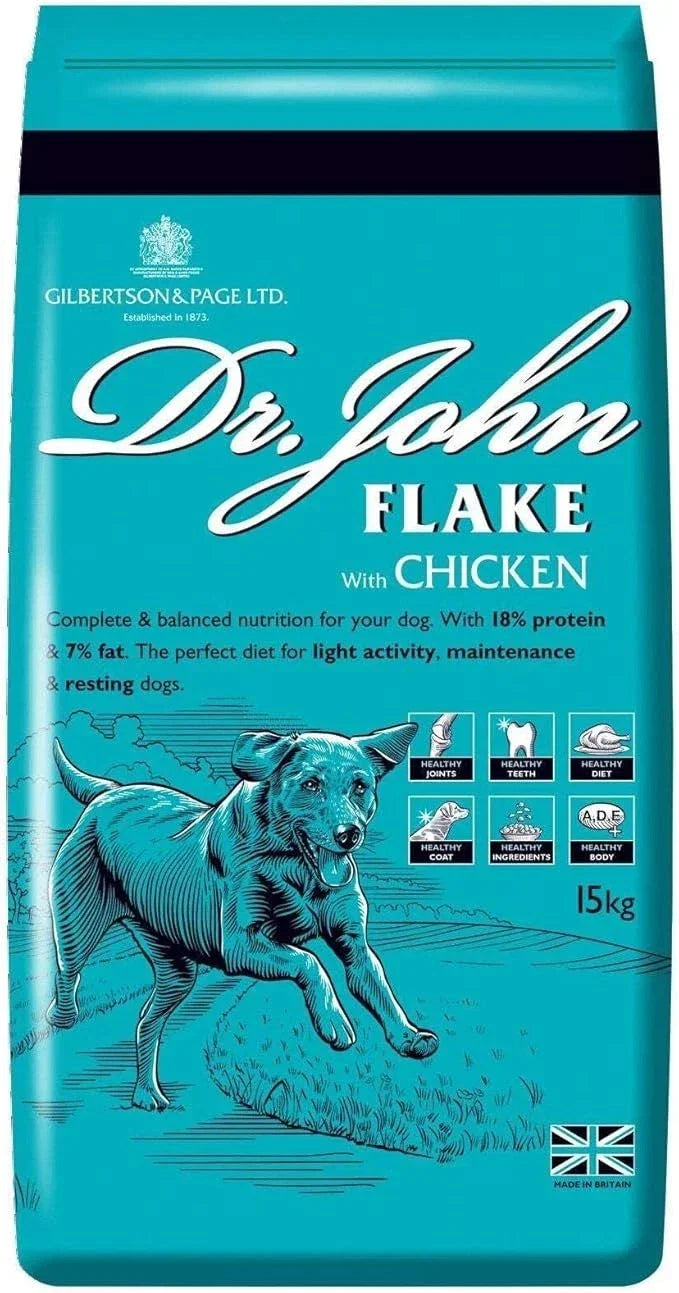 Dr John Flake with Chicken 15kg, toasted wholegrain flakes and biscuit for lightly active dogs