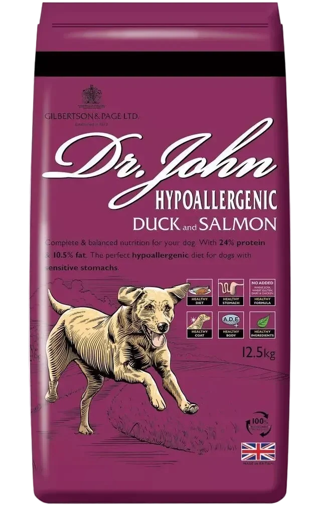 Dr John Hypoallergenic Duck & Salmon 12.5kg, wheat free and chicken free dry dog food