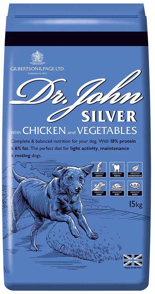 Dr John Silver with Chicken 15kg, complete dry food for less active adult and senior dogs