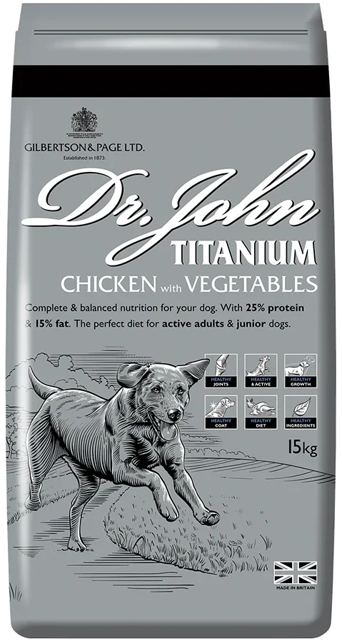 Dr John Titanium with Chicken, Vegetables and Mussel 15kg, high energy complete dry dog food