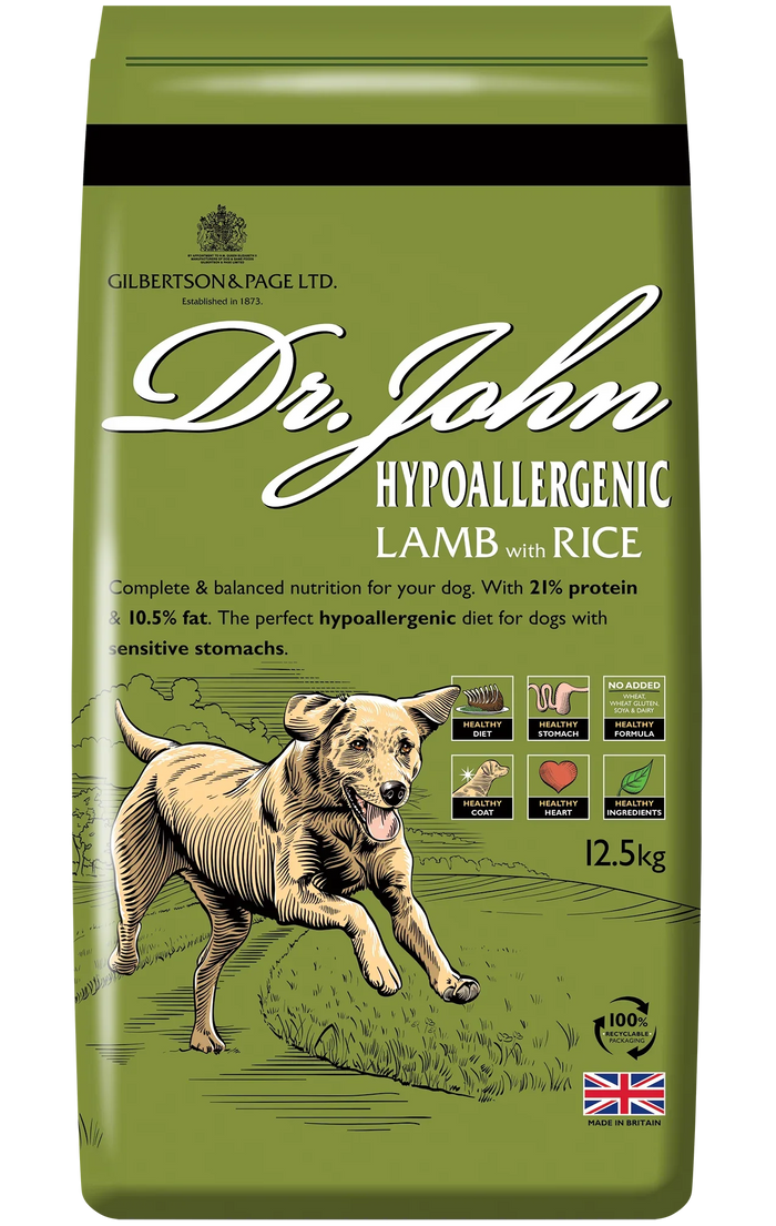 Dr John Hypoallergenic Lamb with Rice 12.5kg, wheat free dry food for sensitive digestion