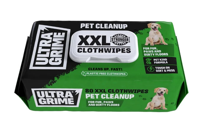 UltraGrime Life Pet XXL+ cloth wipes in a resealable lidded pack for cleaning paws and surfaces