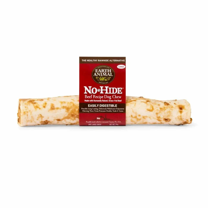 Earth Animal No-Hide beef chew, a hand-rolled dog chew shown with its packaging
