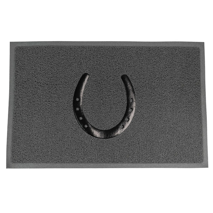 Elico grey door mat with a black horseshoe design, 43 by 69cm