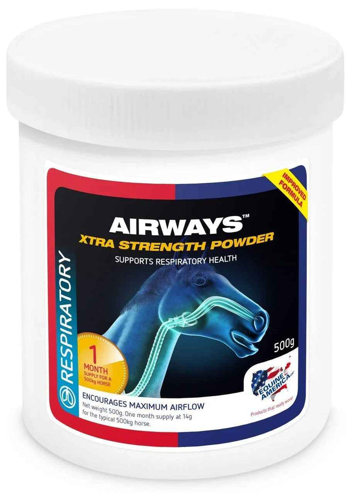 Equine America Airways Xtra Strength Powder tub, 500g size, white and green respiratory supplement packaging