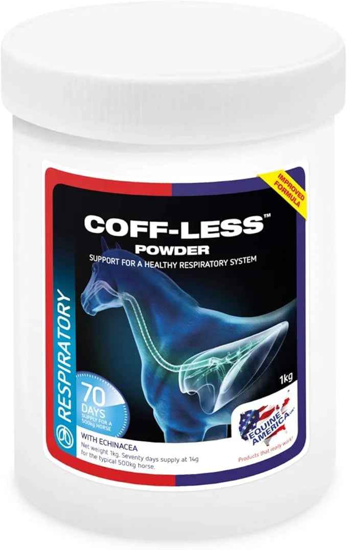 Equine America Coff-Less Powder 1kg tub, herbal respiratory supplement for horses in labelled container