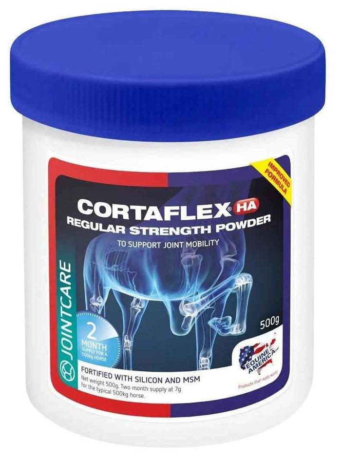 Equine America Cortaflex HA Regular Strength Powder tub, 500g joint supplement in blue and white packaging