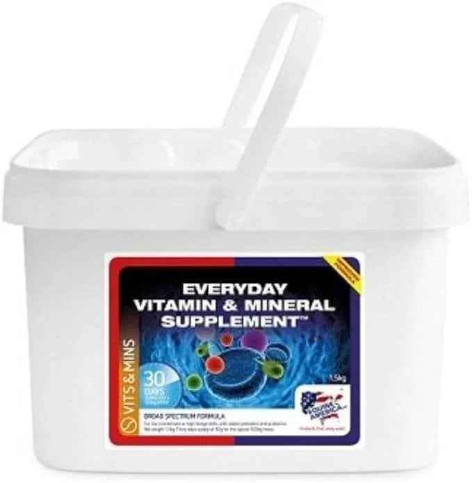 Second view of the Equine America Everyday Vitamin and Mineral 1.5kg tub and its label