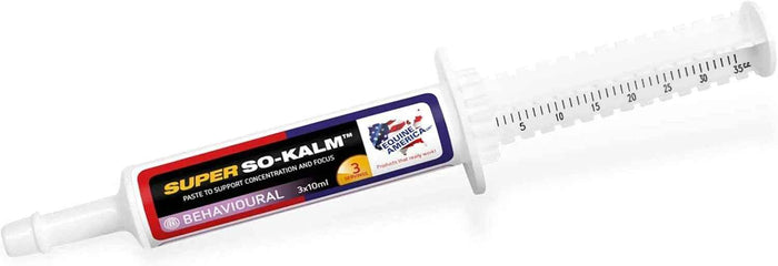 Equine America Super So-Kalm Paste 30ml oral syringe for horses, calming supplement in labelled plastic applicator