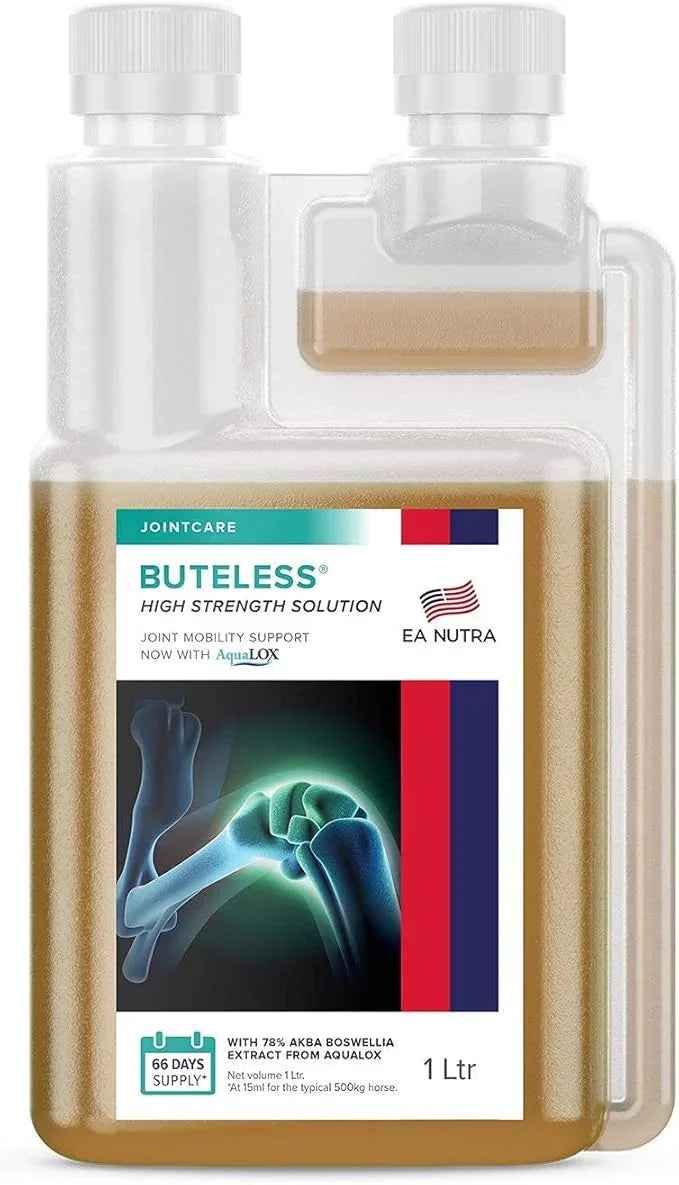 Second view of the Equine America Buteless High Strength Solution 1 litre bottle and its label