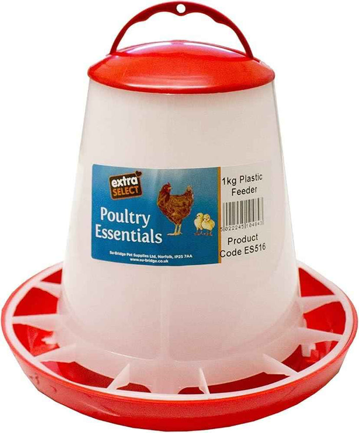 Extra Select plastic poultry feeder, tube with anti-flick fins moulded to the base and a carry handle over the top