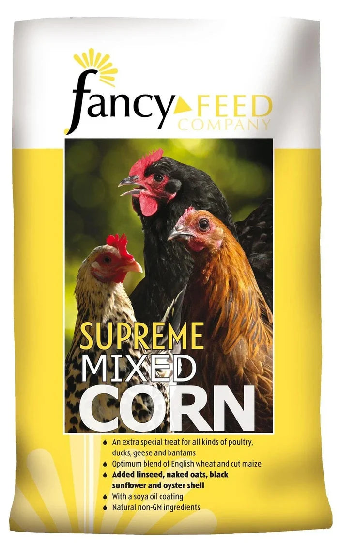 Fancy Feeds Supreme Mixed Corn 20kg bag of enriched poultry scratch feed with oyster shell