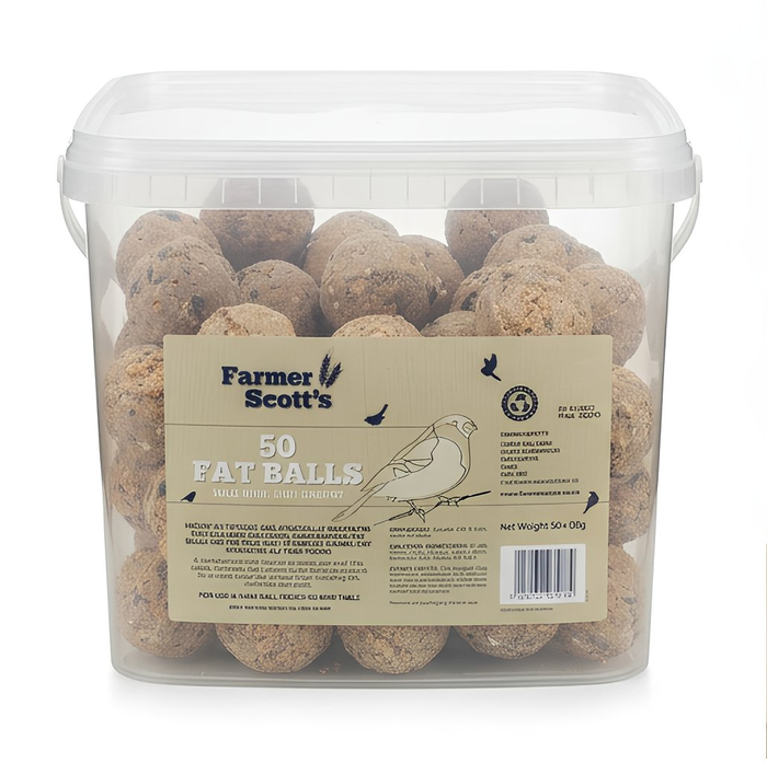 Farmer Scott's fat ball tub containing fifty high energy fat balls for wild birds
