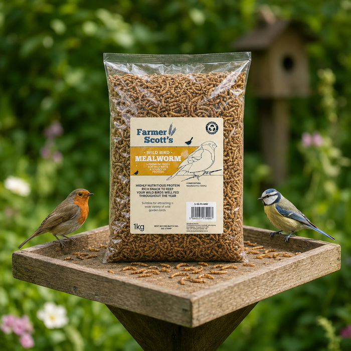Farmer Scott's dried mealworm 1kg pack, front of bag