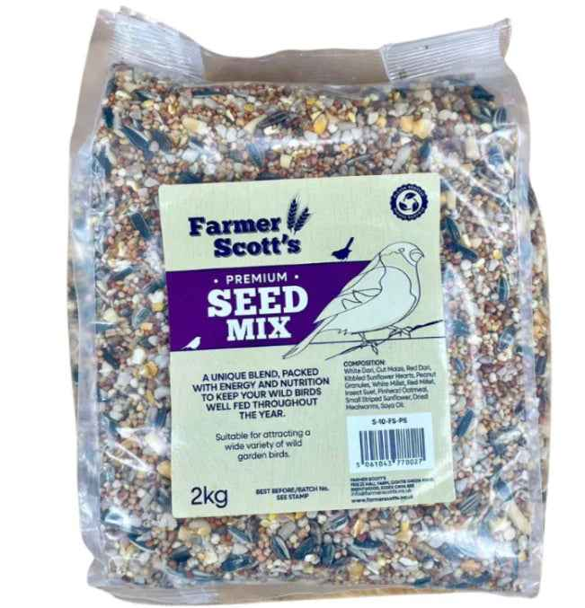 Close view of the seed blend in the Farmer Scott's Premium Wild Bird Seed Mix 2kg bag