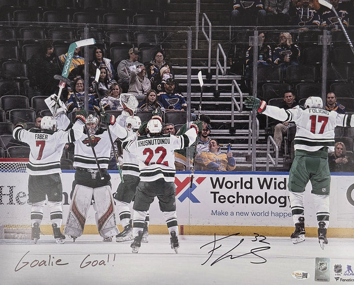 Filip Gustavsson Signed 16x20 w/ Inscription 'Goalie Goal!'