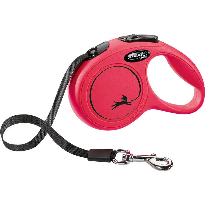 Flexi New Classic retractable tape dog lead in red, medium size with a wide webbing tape