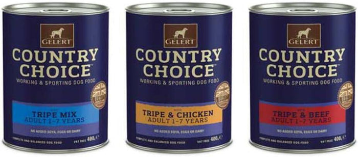 Row of Gelert Country Choice tripe dog food tins showing the three recipes in the variety pack