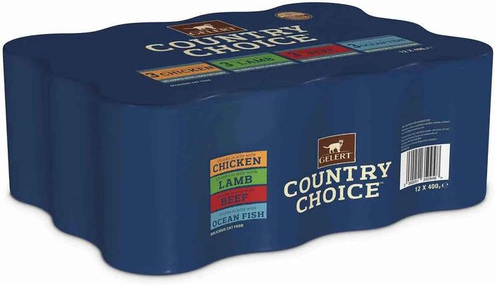 Gelert Country Choice cat food case of twelve 400g tins with single tins of each recipe alongside