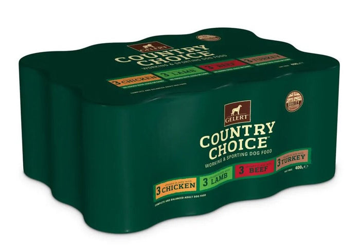 Gelert Country Choice Working Dog Variety Pack of twelve 400g tins shown with the outer case