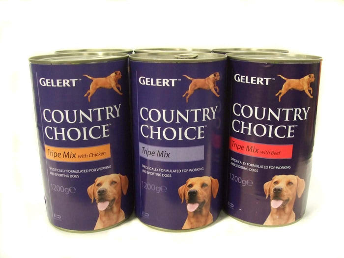Gelert Country Choice tripe dog food 1200g cans shown with the six-can outer case