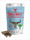Gently Dently Apple and Banana vegan dental treats for dogs, buffalo-head shaped chews in a 175g bag