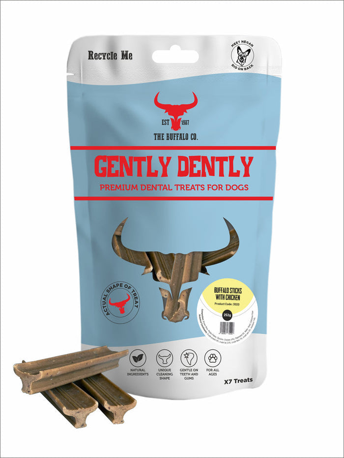 Gently Dently chicken dental chews for dogs, seven buffalo head shaped chews per pack