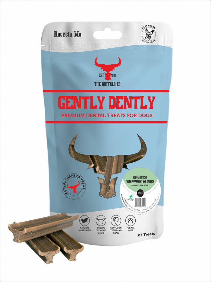 Gently Dently Fresh Breath Mint dental treats for dogs, vegan buffalo-head chews with mint and seaweed, 175g bag