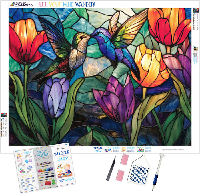 Glowing Stained Glass Hummingbirds and Flowers
