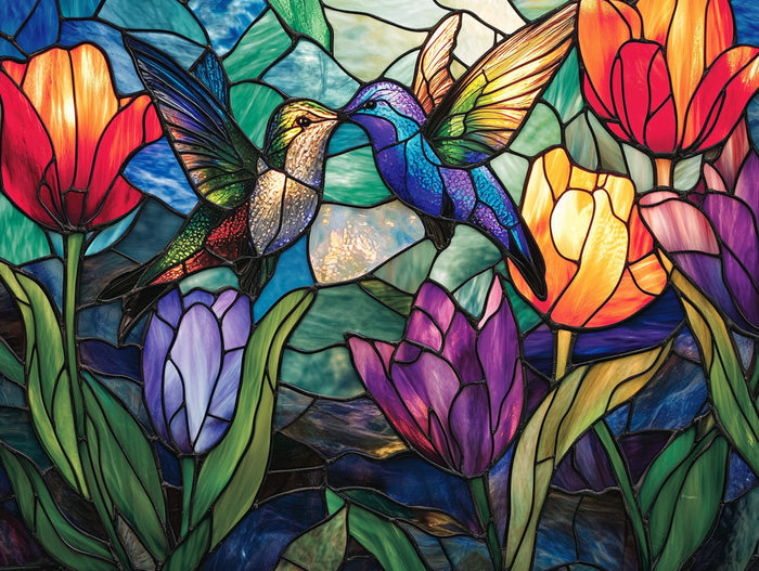 Glowing Stained Glass Hummingbirds and Flowers