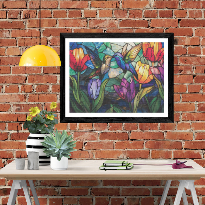 Glowing Stained Glass Hummingbirds and Flowers
