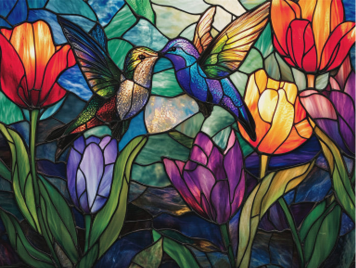 Glowing Stained Glass Hummingbirds and Flowers